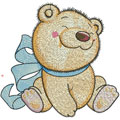 Happy Teddy Bear with blue ribbon embroidery design