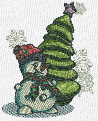Snowman and Christmas tree machine embroidery design