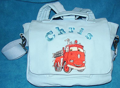red fire truck design embroidered on bag
