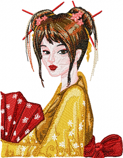 Geisha with fan embroidery design
