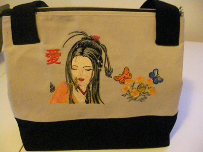 embroidered bag with Geisha designs Beach bag with Oriental embroidery