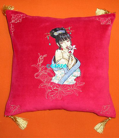 pillow with geisha machine embroidery design