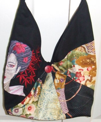 fan bag with geisha embroidery