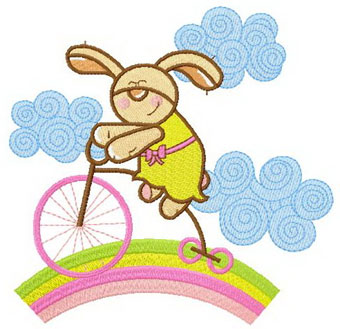 Bunny riding rainbow machine embroidery design