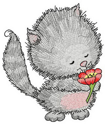 Cute grey cat with flower embroidery design