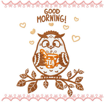 Owl with tea machine embroidery design