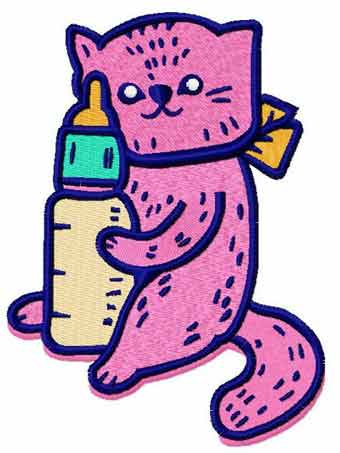 Pink cat and bottle embroidery design