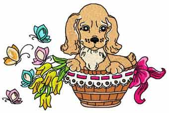 Puppy in basket embroidery design