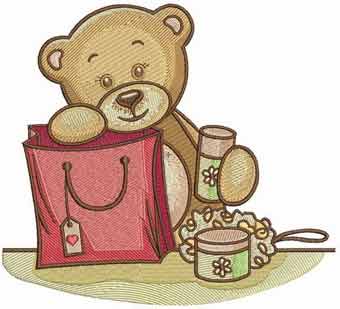 Teddy bear with shopping bag embroidery design