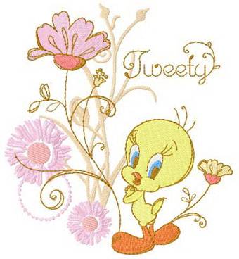Tweety and spring flowers machine embroidery design