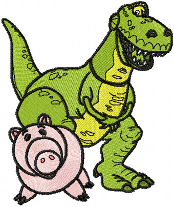 Dinosaur Rex and Pig machine embroidery design for clothes