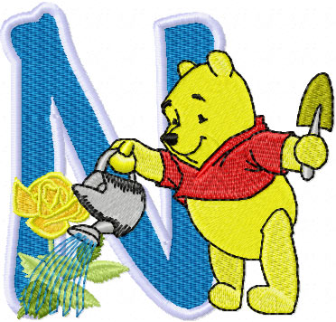 Pooh loving flowers Alphabet Letter N machine embroidery design